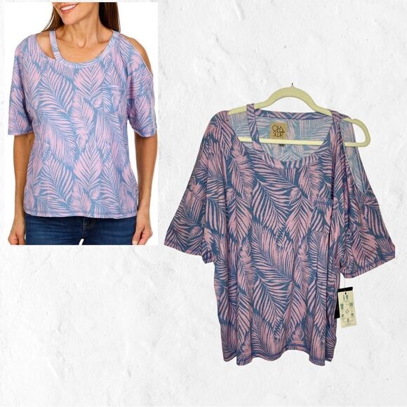 NWT Chaser Leaf Print Cold Shoulder Pink and Blue Top - Picture 1 of 9